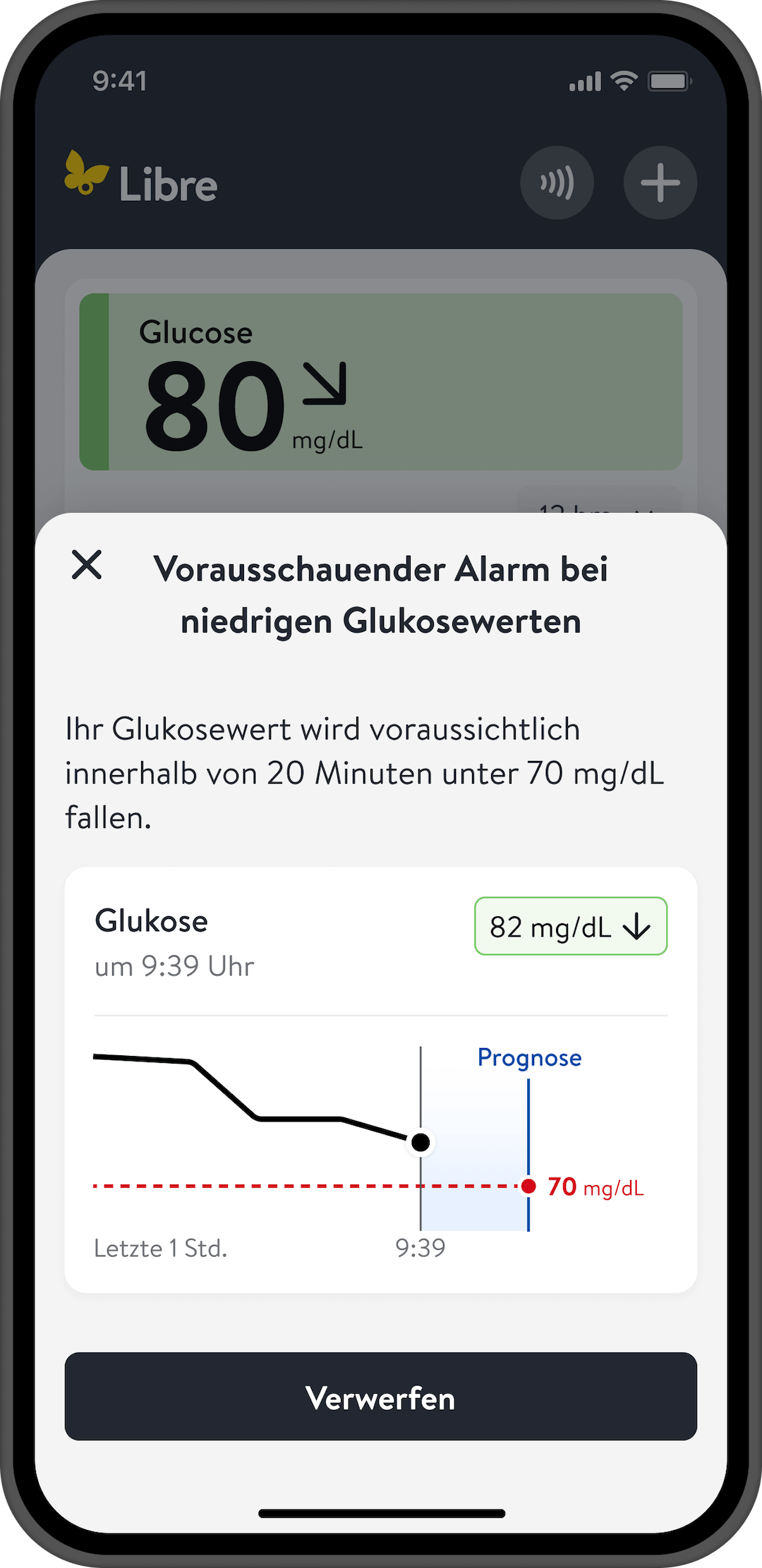 Screenshot der Libre App: Vorausschauender Hypoglykämie-Alarm als Pushbenachrichtigung
