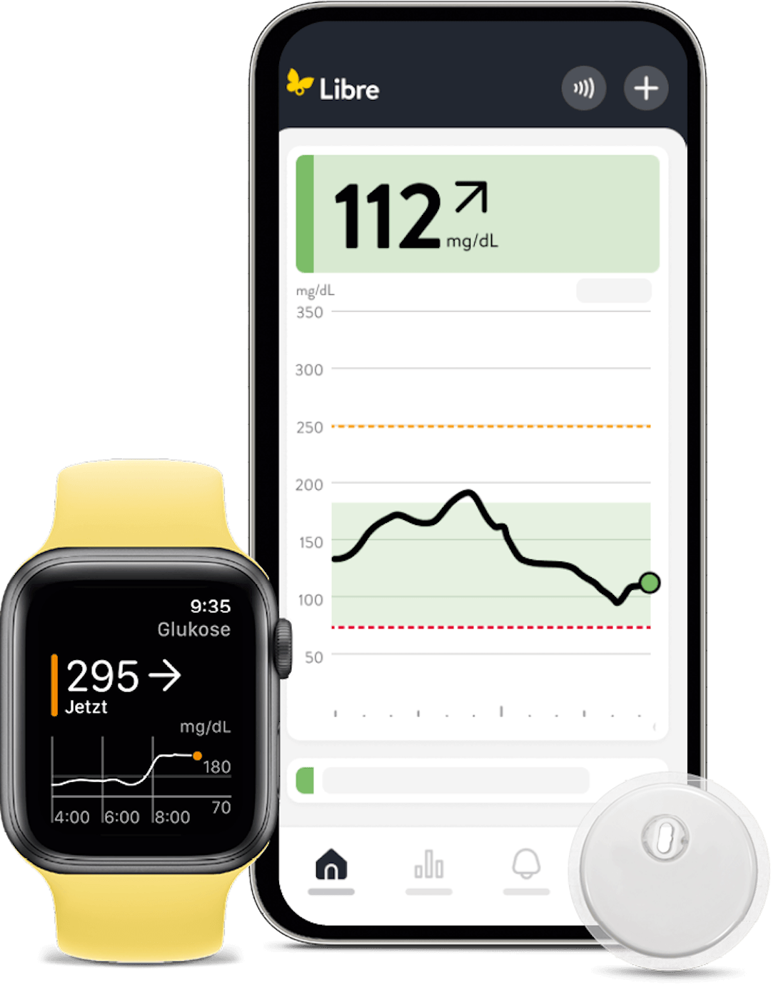FreeStyle Libre Messsystem bestehend aus Sensor, Smartphone mit Libre App und Apple Watch