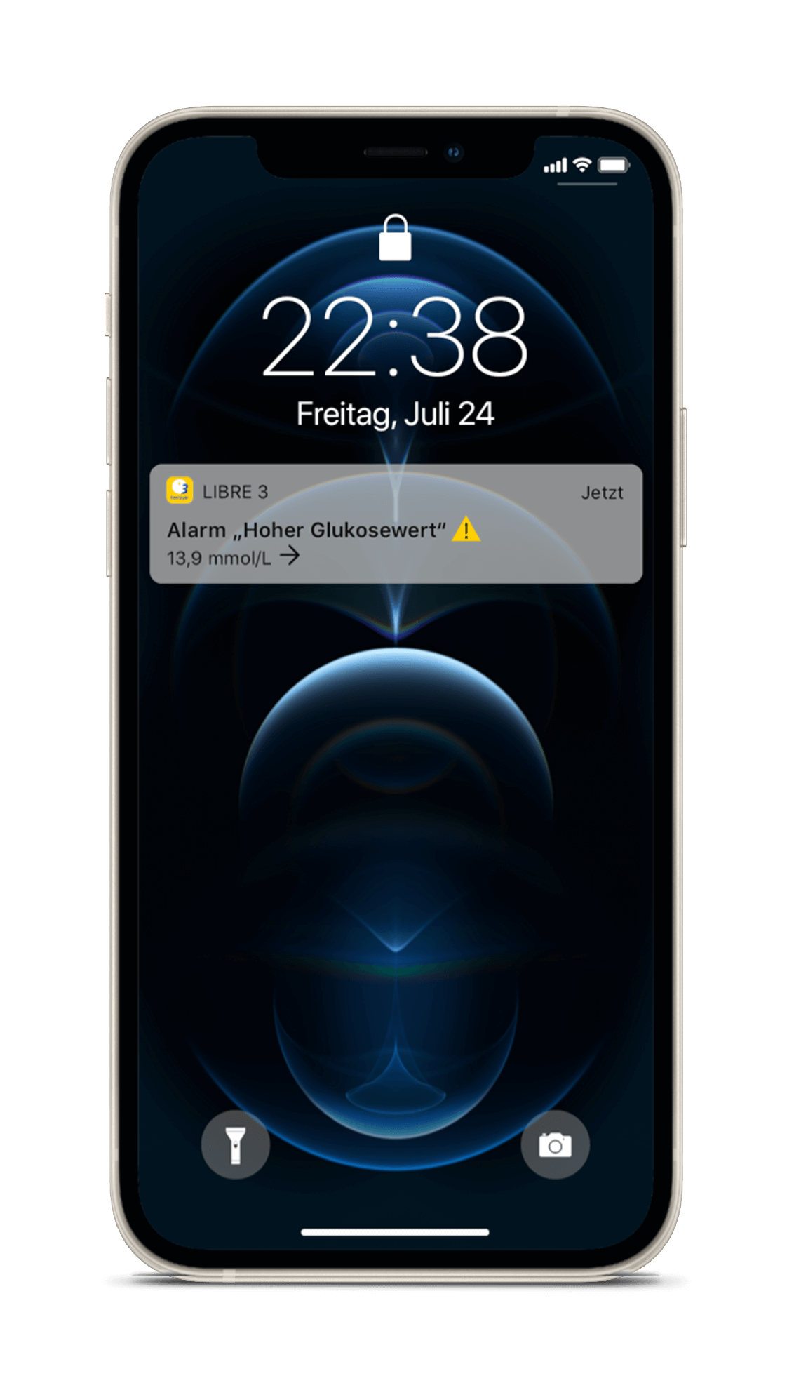 Screenshot von einem Smartphone: Alarm bei hohem Glukosewert als Pushbenachrichtigung