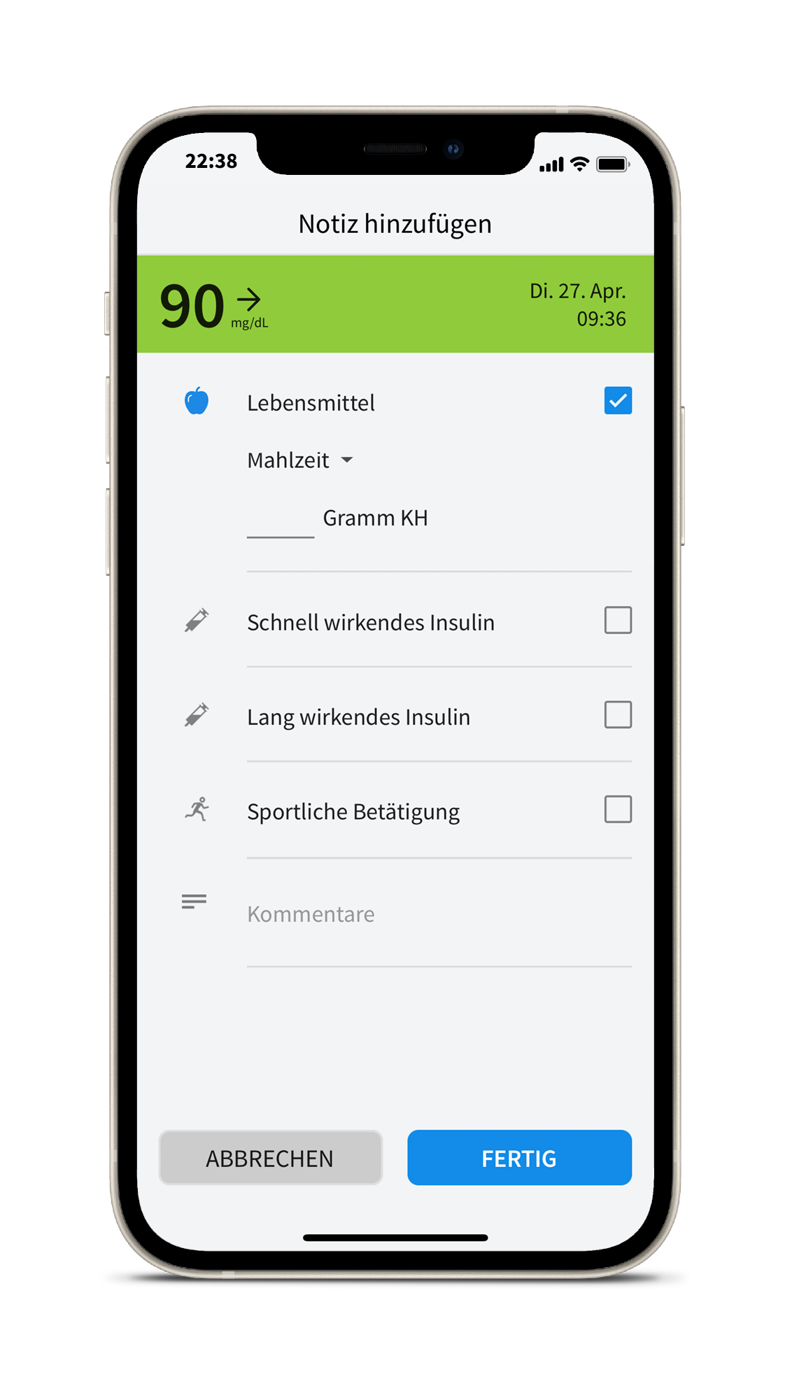 Screenshot von einem Smartphone: Notiz in der FreeStyle Libre 3 App