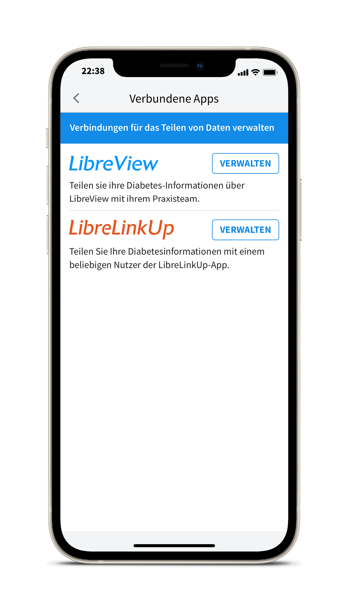Screenshot von einem Smartphone: Verknüpfung der FreeStyle Libre 3 App mit LibreView und LibreLinkUp