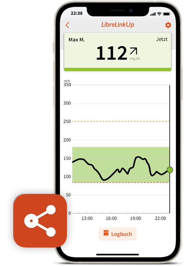 Smartphone mit geöffneter LibreLinkUp App. App zeigt aktuellen Glukosewert.
