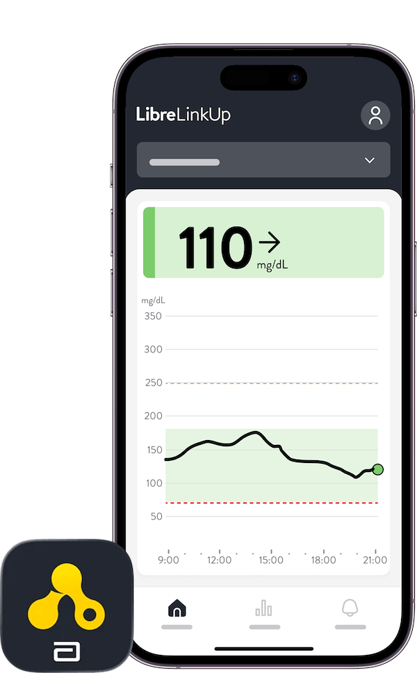 Smartphone mit geöffneter LibreLinkUp App. App zeigt aktuellen Glukosewert.