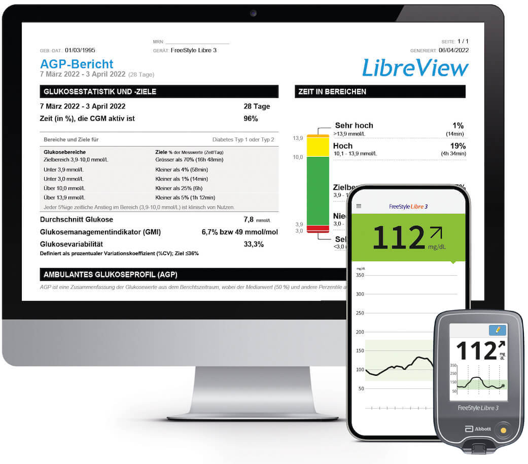 Computer mit LibreView als geöffnetes Programm. Die Software zeigt Berichte und Diagramme.
